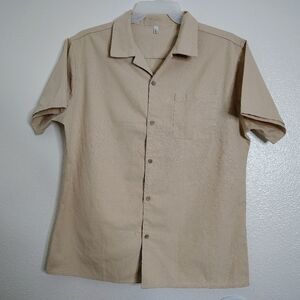 Coofandy Men's Beige Short Sleeve Shirt Linen Blend Sz L Pocket Chest
